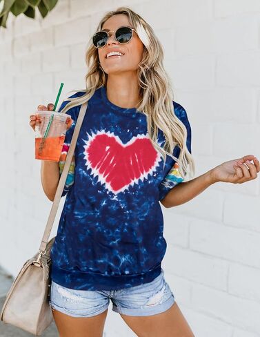 سويت شيرت لعيد الحب من SUPEYA للنساء بأكمام طويلة وربطة عنق بألوان قوس قزح وقميص مطبوع على شكل قلب بلوفر بياقة دائرية in Kuwait