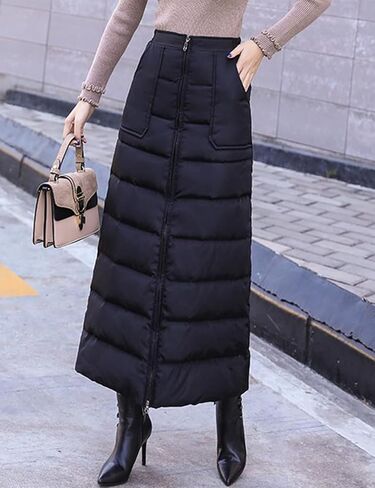 تنورة Fhniepan النسائية الشتوية المعزولة السميكة ثنائية الاتجاه بسحاب عالي الخصر مبطنة على شكل حرف A طويلة للأسفل in Kuwait