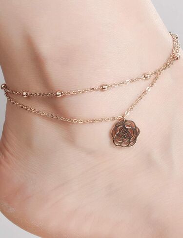 أساور للكاحل للنساء من CEYIYA Rosegold - قابلة للتعديل ذات طبقات وردية رائعة، خلخال على شكل قلب للفتيات المراهقات، السيدات - أزياء الفولاذ المقاوم للصدأ رابط القدم in Kuwait