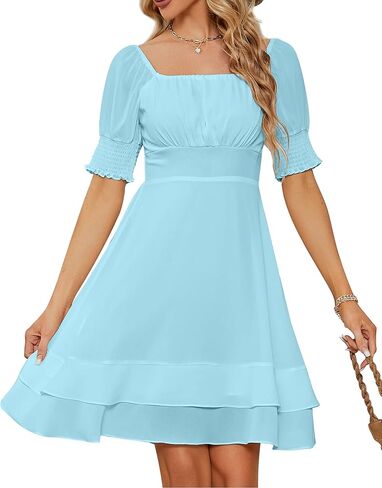 BOKALY Women’s Square Neck Chiffon Dress Pleated Chest Short Sleeve Fit and Flare Ruffles Mini Casual Dresses in Kuwait