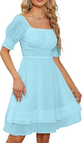 BOKALY Women’s Square Neck Chiffon Dress Pleated Chest Short Sleeve Fit and Flare Ruffles Mini Casual Dresses in Kuwait