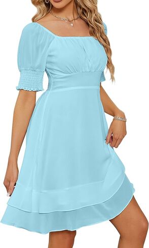 BOKALY Women’s Square Neck Chiffon Dress Pleated Chest Short Sleeve Fit and Flare Ruffles Mini Casual Dresses in Kuwait