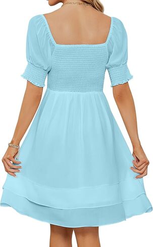BOKALY Women’s Square Neck Chiffon Dress Pleated Chest Short Sleeve Fit and Flare Ruffles Mini Casual Dresses in Kuwait