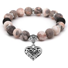 Emibele Healing Bracelets for Women, Beaded Bracelet Handmade Crystal Yoga Chakra Bracelet Stretch Rose Quartz Zebra Stone Good Luck Healthy Lava Rock Bracelet for Essential Oils Anxiety Stress Relief