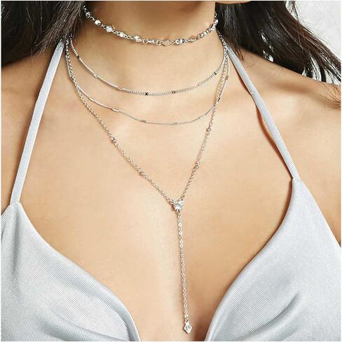Iaceble Layered Crystal Lariat Necklace Silver Long Y Necklace Chain Cz Station Choker Necklace Boho Rhinestone Y Drop Necklace Chain Jewelry for Women and Girls in Saudi Arabia