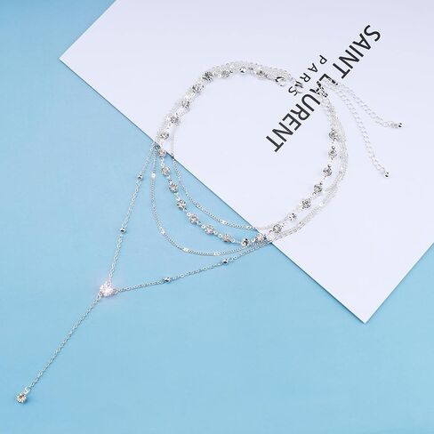 Iaceble Layered Crystal Lariat Necklace Silver Long Y Necklace Chain Cz Station Choker Necklace Boho Rhinestone Y Drop Necklace Chain Jewelry for Women and Girls in Saudi Arabia