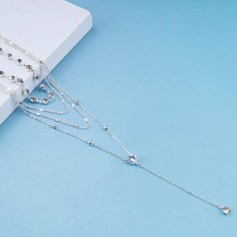 Iaceble Layered Crystal Lariat Necklace Silver Long Y Necklace Chain Cz Station Choker Necklace Boho Rhinestone Y Drop Necklace Chain Jewelry for Women and Girls in Saudi Arabia