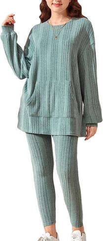 COZYEASE Girls' 2 Piece Outfits Drop Shoulder Split Hem Ribbed Knitpocket Tee Top and Leggings Set in Saudi Arabia