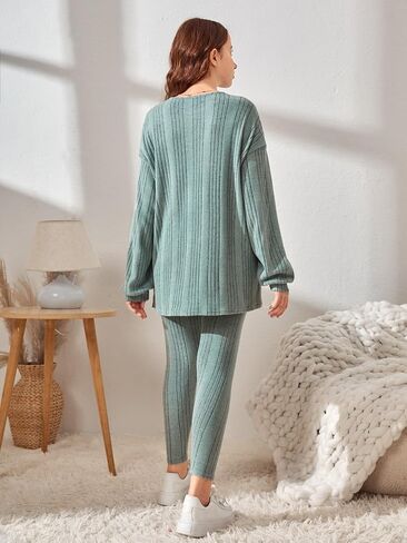 COZYEASE Girls' 2 Piece Outfits Drop Shoulder Split Hem Ribbed Knitpocket Tee Top and Leggings Set in Saudi Arabia