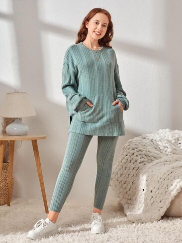 COZYEASE Girls' 2 Piece Outfits Drop Shoulder Split Hem Ribbed Knitpocket Tee Top and Leggings Set in Saudi Arabia