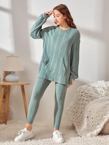 COZYEASE Girls' 2 Piece Outfits Drop Shoulder Split Hem Ribbed Knitpocket Tee Top and Leggings Set in Saudi Arabia