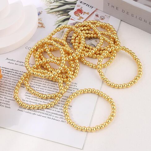 MOZAKA 14 قطعة أساور مطرزة بالذهب للنساء 14K مطلية بالذهب حبة الكرة سوار لمط سوار ذهبي مرن للنساء قابل للتكديس in Kuwait