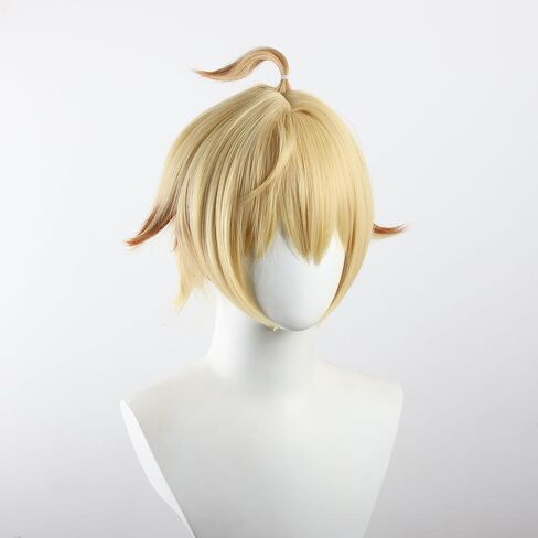 XiongXiongLe Cosplay Mika Schmidt شعر مستعار للرجال زي قصير أشقر عالي الحرارة من الحرير لاستبدال الشعر المستعار + قبعة للأولاد لعبة Genshin Impact Party Cos Festival عيد الميلاد والهالوين (Mika Schmidt) in Kuwait