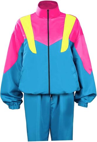 Powumie 80s 90s بدلة رياضية ريترو الهيب هوب مجموعات سترة واقية Colorblock قطعة واحدة ملابس موضة ديسكو رياضية in Kuwait