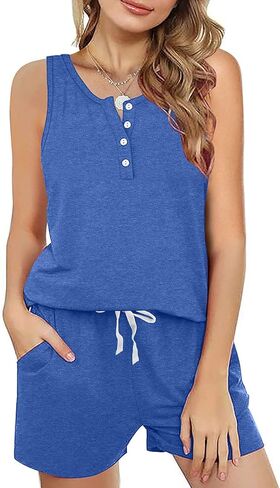 Dofaoo Two Piece Outfits for Women Button Henley Tank Short Set with Pockets in Kuwait