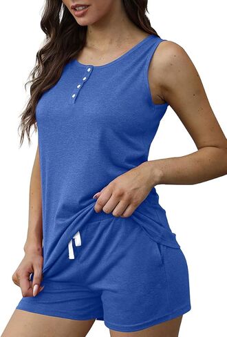 Dofaoo Two Piece Outfits for Women Button Henley Tank Short Set with Pockets in Kuwait