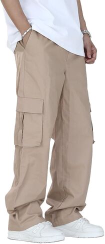 KGYA Men's Baggy Cargo Pants, Elastic Waist Wide Straight Legs Cotton Twill Trousers with 5 Pockets in Kuwait