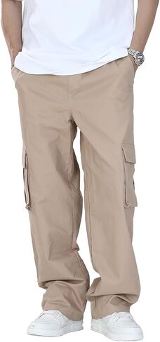 KGYA Men's Baggy Cargo Pants, Elastic Waist Wide Straight Legs Cotton Twill Trousers with 5 Pockets in Kuwait