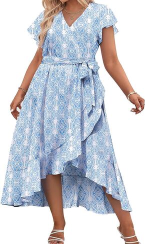 IN'VOLAND Plus Size Womens Floral Summer Dress Casual Wrap V Neck Short Sleeve Belted Beach Bohemian Maxi Dress in Kuwait
