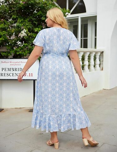 IN'VOLAND Plus Size Womens Floral Summer Dress Casual Wrap V Neck Short Sleeve Belted Beach Bohemian Maxi Dress in Kuwait