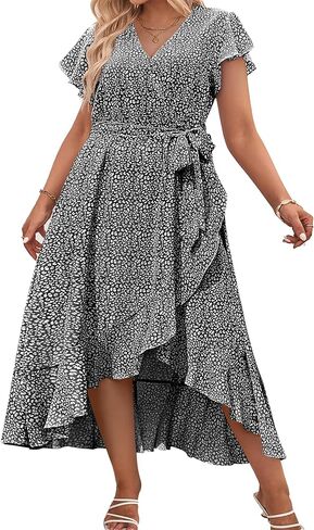 IN'VOLAND Plus Size Womens Floral Summer Dress Casual Wrap V Neck Short Sleeve Belted Beach Bohemian Maxi Dress in Kuwait