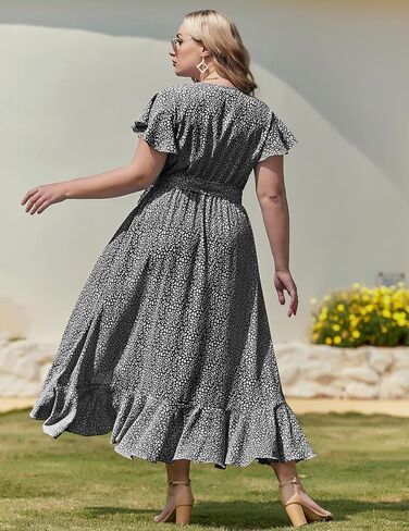 IN'VOLAND Plus Size Womens Floral Summer Dress Casual Wrap V Neck Short Sleeve Belted Beach Bohemian Maxi Dress in Kuwait