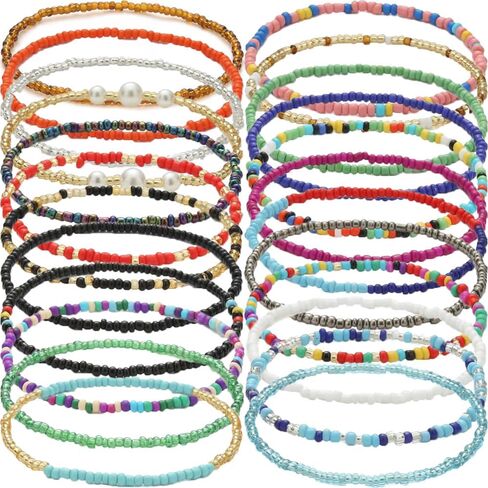 PIGIAOKA 24 قطعة خلخال مطرز للنساء بوهو أساور كاحل مرنة مطرزة يدويًا خلخال أفريقي قابل للتعديل خرز ملون خلخال قدم للفتيات المراهقات in Kuwait