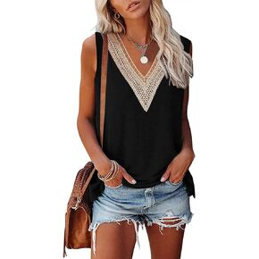 Womens Tank Tops V Neck Lace Floral Print Sleeveless Shirts Summer Fashion Blouses