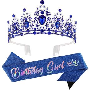 SuPoo Birthday Crowns for Women Birthday Sash and Crown Kit Blue Birthday Tiara Rhinestones Crown with Comb Glitter Birthday Girls Sash Crystal Headband Happy Birthday Decorations Hair Accessory in Kuwait