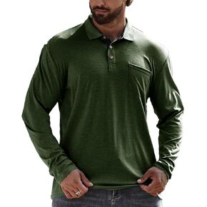 Men's Long Sleeve Polo Shirts with Pocket, Casual Classic Button Basic Solid Color Patchwork Tees Stylish Tops