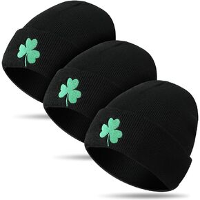 Cutecrop 3 Pcs St. Patrick's Day Clover Beanie Irish Clover Embroidered Long Beanie Green Shamrock Hat Black Acrylic Irish Skull Cap with Embroidery for Men Outdoor Sports in Saudi Arabia