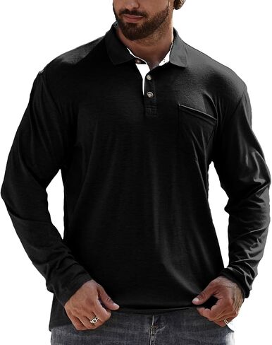 Men's Long Sleeve Polo Shirts with Pocket, Casual Classic Button Basic Solid Color Patchwork Tees Stylish Tops in Kuwait
