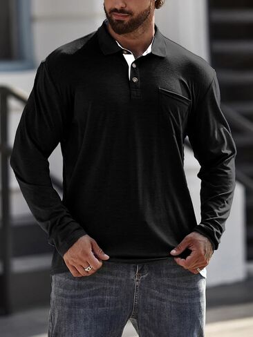 Men's Long Sleeve Polo Shirts with Pocket, Casual Classic Button Basic Solid Color Patchwork Tees Stylish Tops in Kuwait