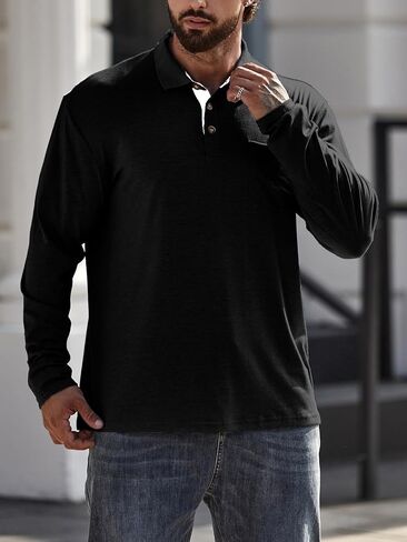 Men's Long Sleeve Polo Shirts with Pocket, Casual Classic Button Basic Solid Color Patchwork Tees Stylish Tops in Kuwait