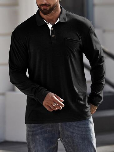 Men's Long Sleeve Polo Shirts with Pocket, Casual Classic Button Basic Solid Color Patchwork Tees Stylish Tops in Kuwait