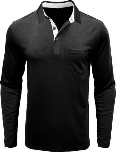 Men's Long Sleeve Polo Shirts with Pocket, Casual Classic Button Basic Solid Color Patchwork Tees Stylish Tops in Kuwait