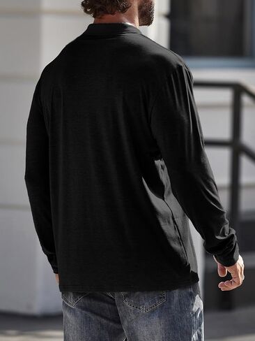 Men's Long Sleeve Polo Shirts with Pocket, Casual Classic Button Basic Solid Color Patchwork Tees Stylish Tops in Kuwait