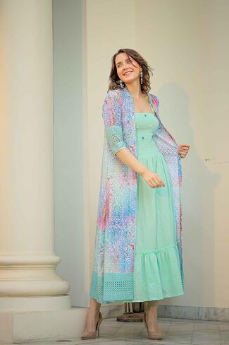 فستان FASHION DWAR نسائي قصير مطبوع من القطن بأكمام 3/4 in Kuwait