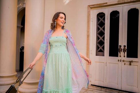 فستان FASHION DWAR نسائي قصير مطبوع من القطن بأكمام 3/4 in Kuwait