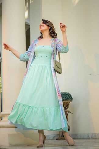 فستان FASHION DWAR نسائي قصير مطبوع من القطن بأكمام 3/4 in Kuwait