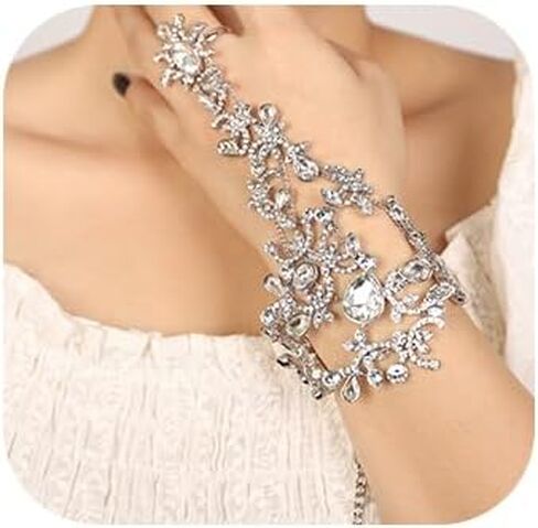 Denifery Rhinestones Finger Ring Bracelet Hand Chain Bracelets with Ring Slave Bracelets Boho Bangle Bracelets Wedding Hand Harness Hand Accessories for Women and Girls in Kuwait