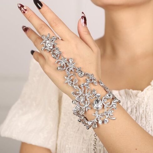 Denifery Rhinestones Finger Ring Bracelet Hand Chain Bracelets with Ring Slave Bracelets Boho Bangle Bracelets Wedding Hand Harness Hand Accessories for Women and Girls in Kuwait