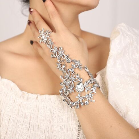 Denifery Rhinestones Finger Ring Bracelet Hand Chain Bracelets with Ring Slave Bracelets Boho Bangle Bracelets Wedding Hand Harness Hand Accessories for Women and Girls in Kuwait