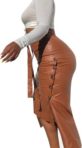 Womens High Waisted Belted Leather Pencil Skirt Side Button Split Faux Leather Work Midi Skirt Wrap in Saudi Arabia