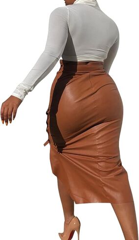 Womens High Waisted Belted Leather Pencil Skirt Side Button Split Faux Leather Work Midi Skirt Wrap in Saudi Arabia