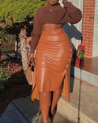 Womens High Waisted Belted Leather Pencil Skirt Side Button Split Faux Leather Work Midi Skirt Wrap in Saudi Arabia