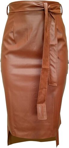 Womens High Waisted Belted Leather Pencil Skirt Side Button Split Faux Leather Work Midi Skirt Wrap in Saudi Arabia