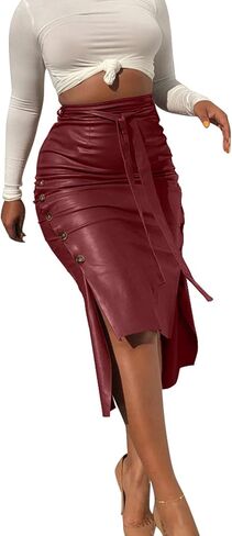 Womens High Waisted Belted Leather Pencil Skirt Side Button Split Faux Leather Work Midi Skirt Wrap in Saudi Arabia