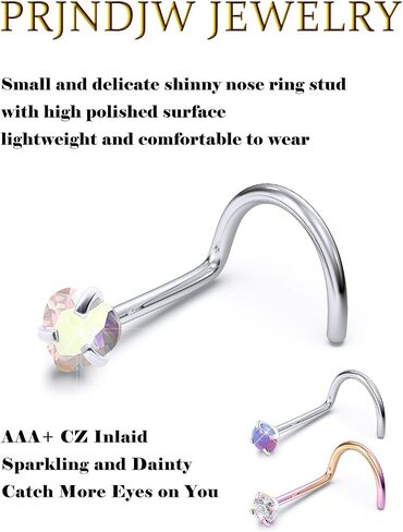 Prjndjw Opal Nose Rings Studs 20G Surgical Steel Nose Rings Studs Hypoallergenic diamond Silver Nose Piercing jewelry l shaped nose ring cubic zirconia corkscrew straight opal nose stud 2mm in Saudi Arabia