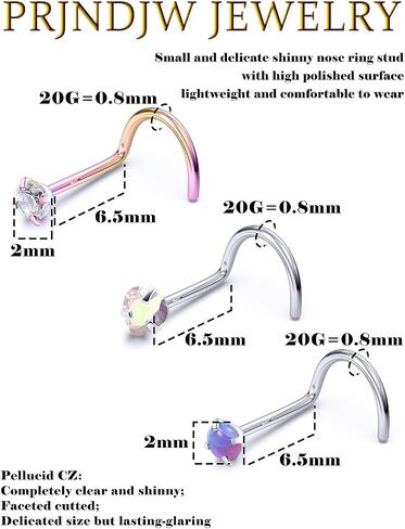 Prjndjw Opal Nose Rings Studs 20G Surgical Steel Nose Rings Studs Hypoallergenic diamond Silver Nose Piercing jewelry l shaped nose ring cubic zirconia corkscrew straight opal nose stud 2mm in Saudi Arabia
